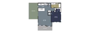 A floor plan of a house with a private yard, living room, kitchen, bath, and bedroom.