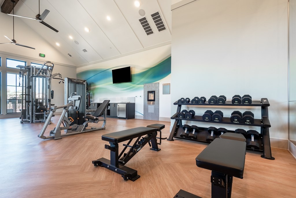 A gym with a variety of equipment including weights and a bench.
