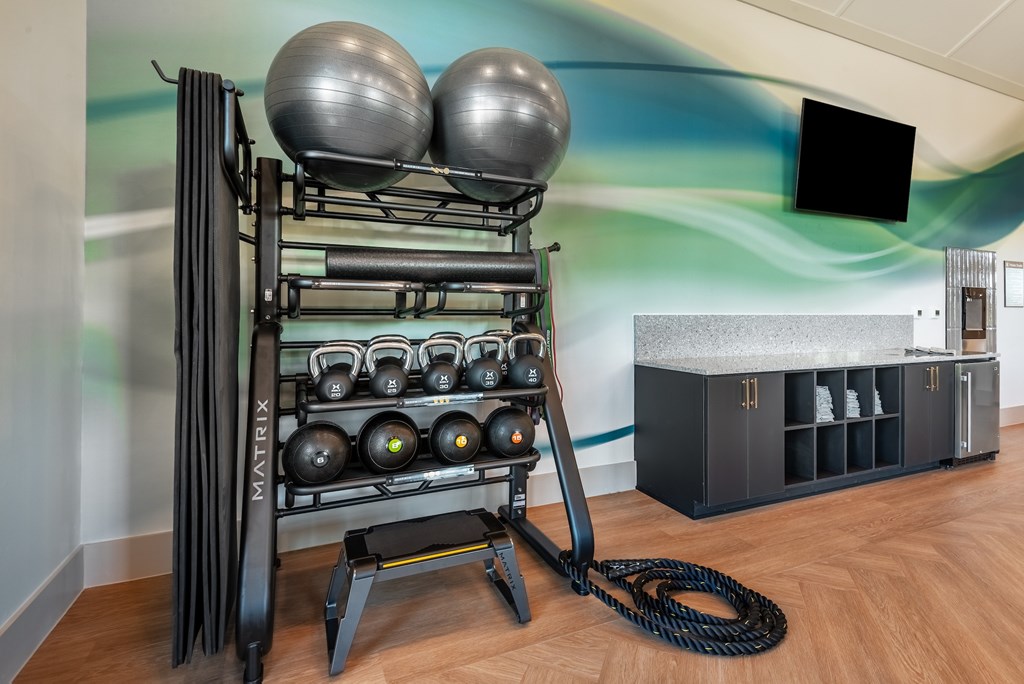 A gym with a row of black weights and a black cable machine.