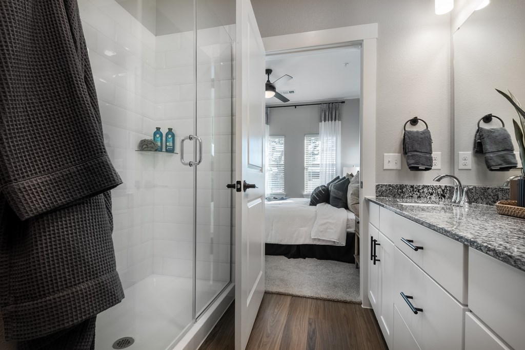 A bathroom with a shower, sink, and mirror.