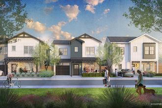 a rendering of a home with people walking on the street and a dog on a leash