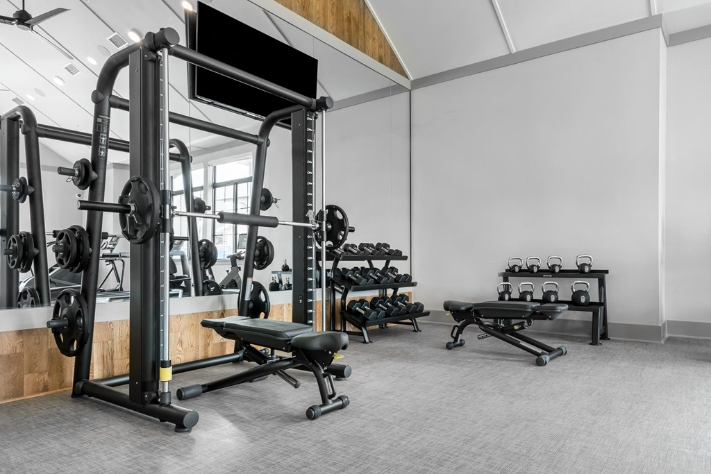 a gym with weights and other exercise equipment and a tv