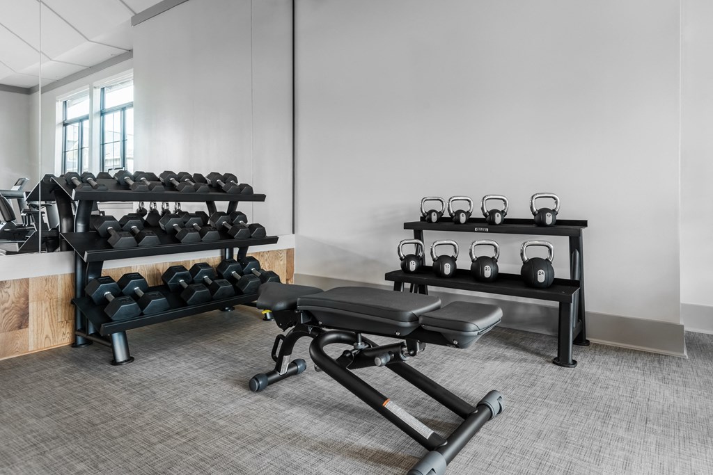 the gym with weights and benches at the belgard apartments
