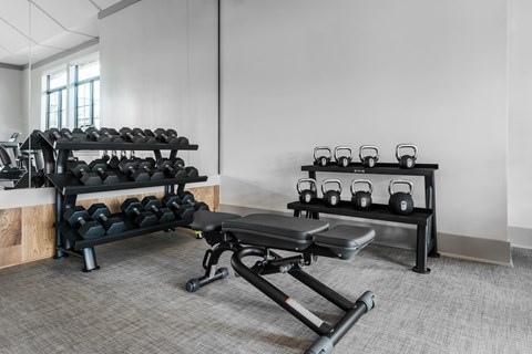 the gym with weights and benches at the belgard apartments