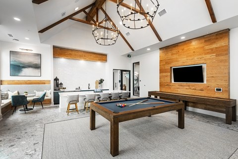 a game room with a pool table and a tv