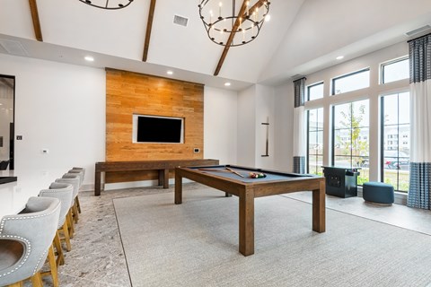 a game room with a pool table and a television