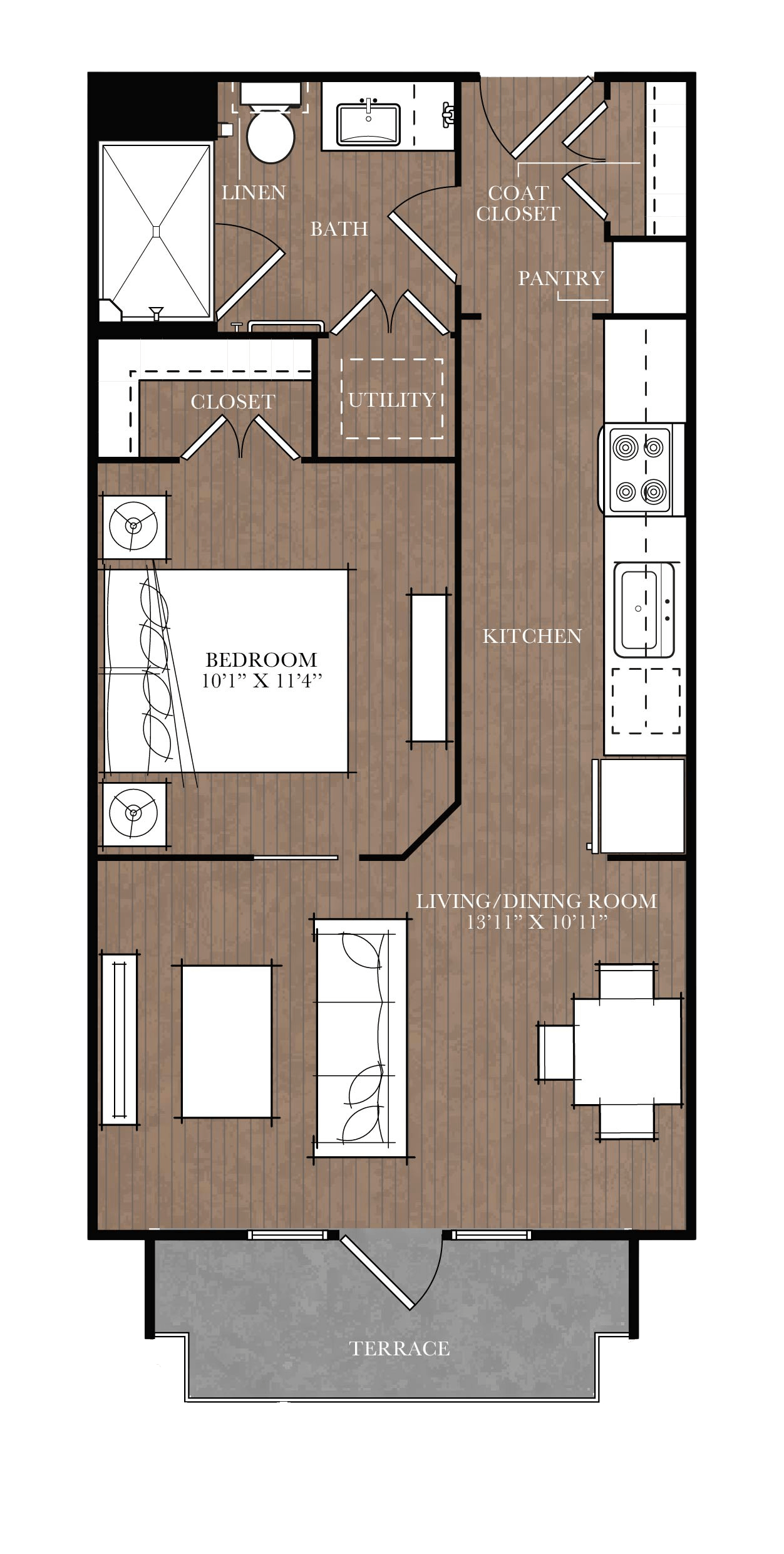 A floor plan of a house with a bedroom, bathroom, kitchen, living room, dining room, and closet.