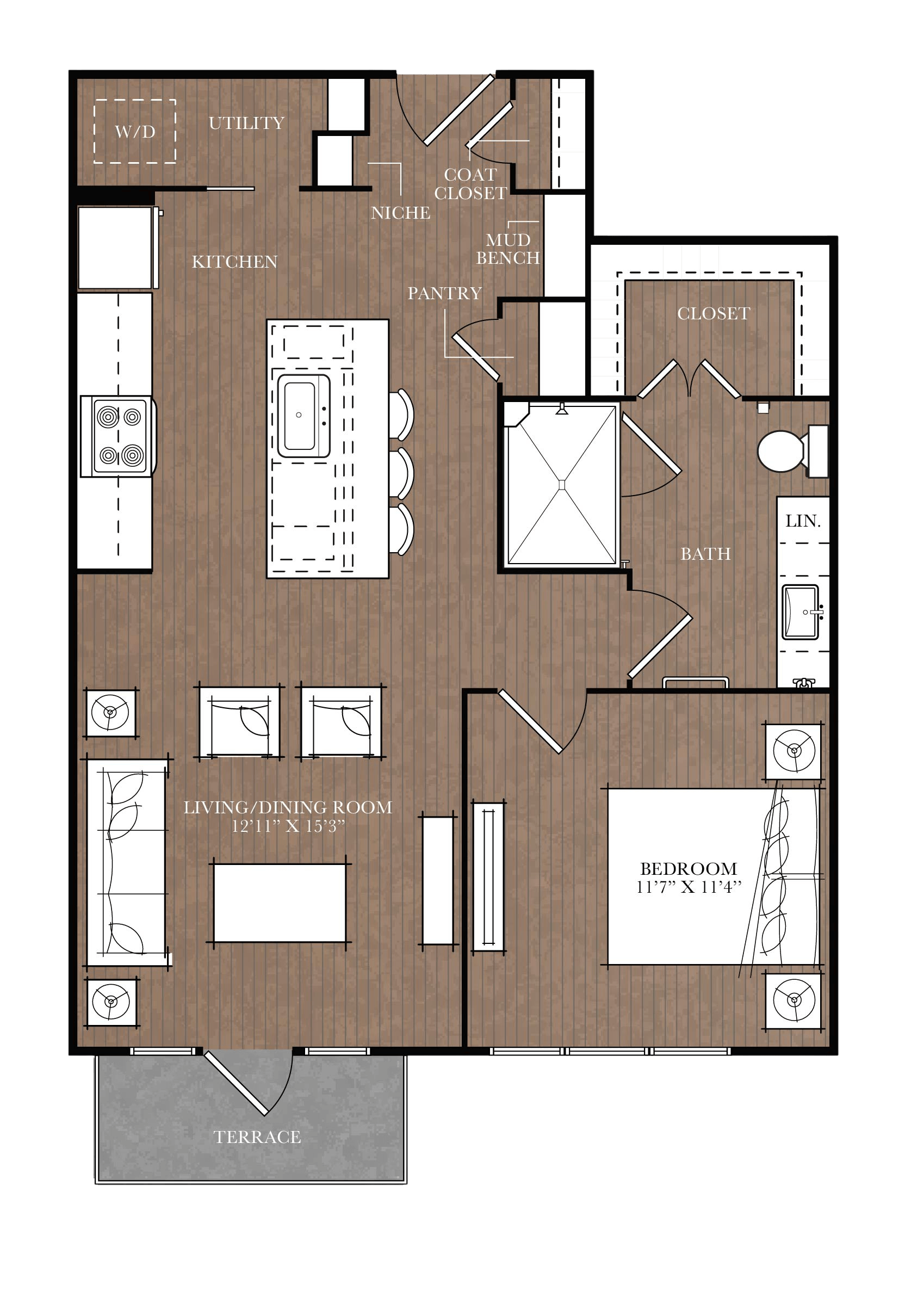 A floor plan of a house with a living room, dining room, kitchen, and bathroom.