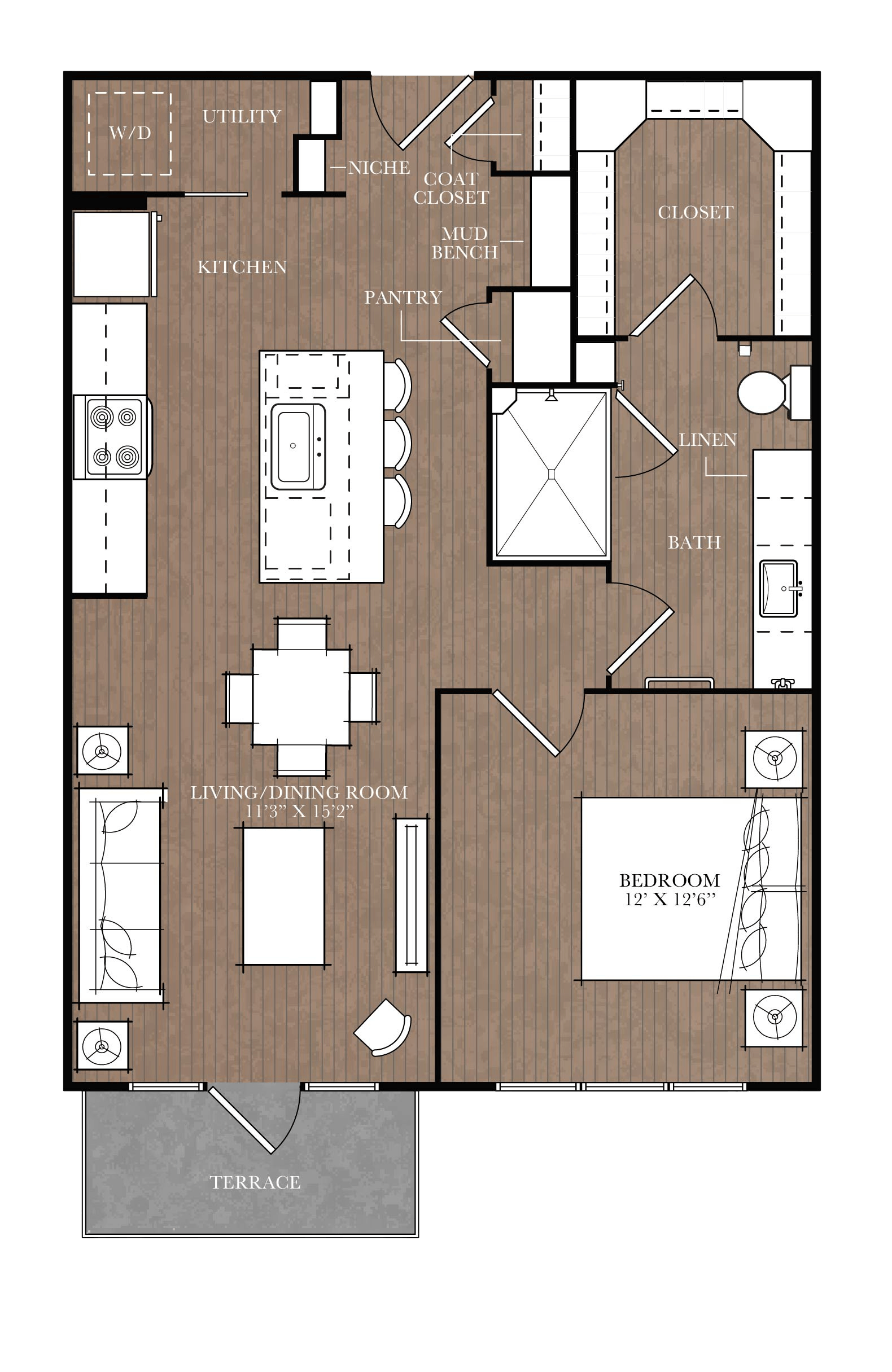 A floor plan of a house with a living room, dining room, kitchen, pantry, bathroom, and two bedrooms.