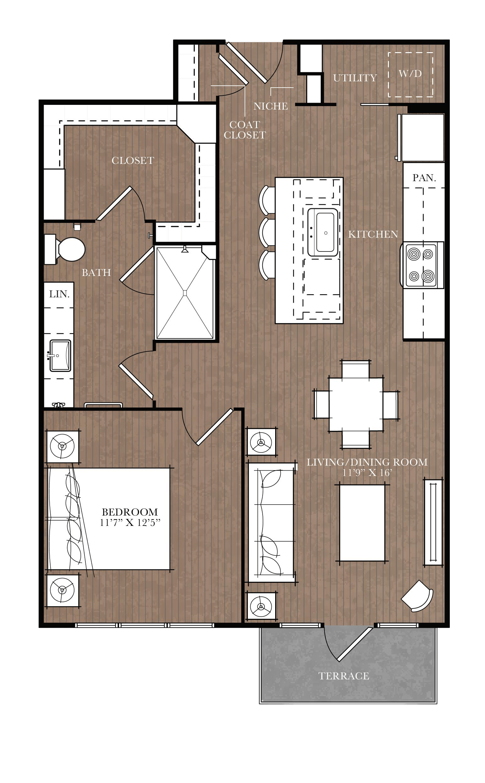 A floor plan of a house with a living room, dining room, kitchen, and two bathrooms.