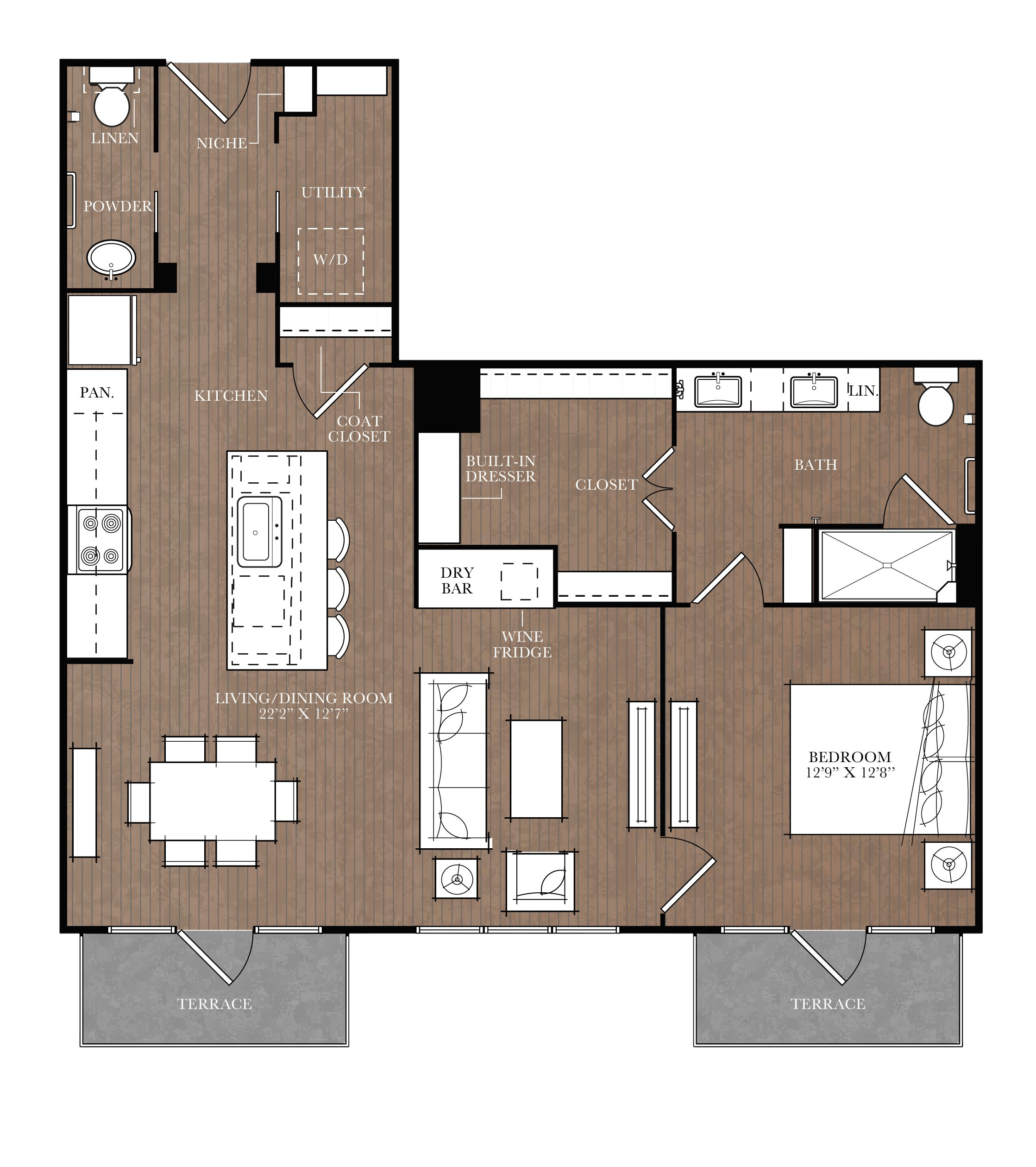A floor plan of a house with a living room, dining room, kitchen, and bedrooms.