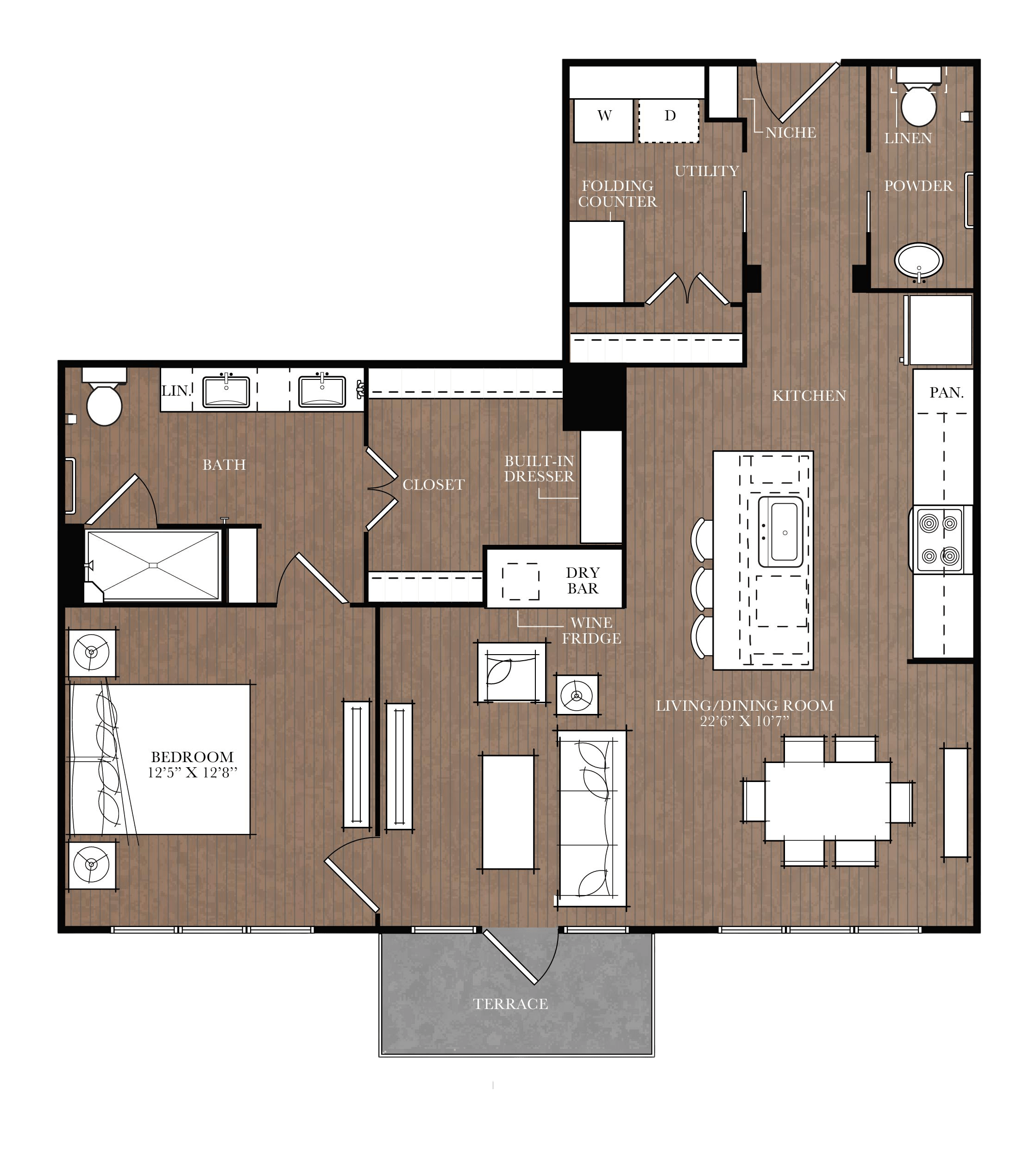 A floor plan of a house with a living room, kitchen, and bathroom.