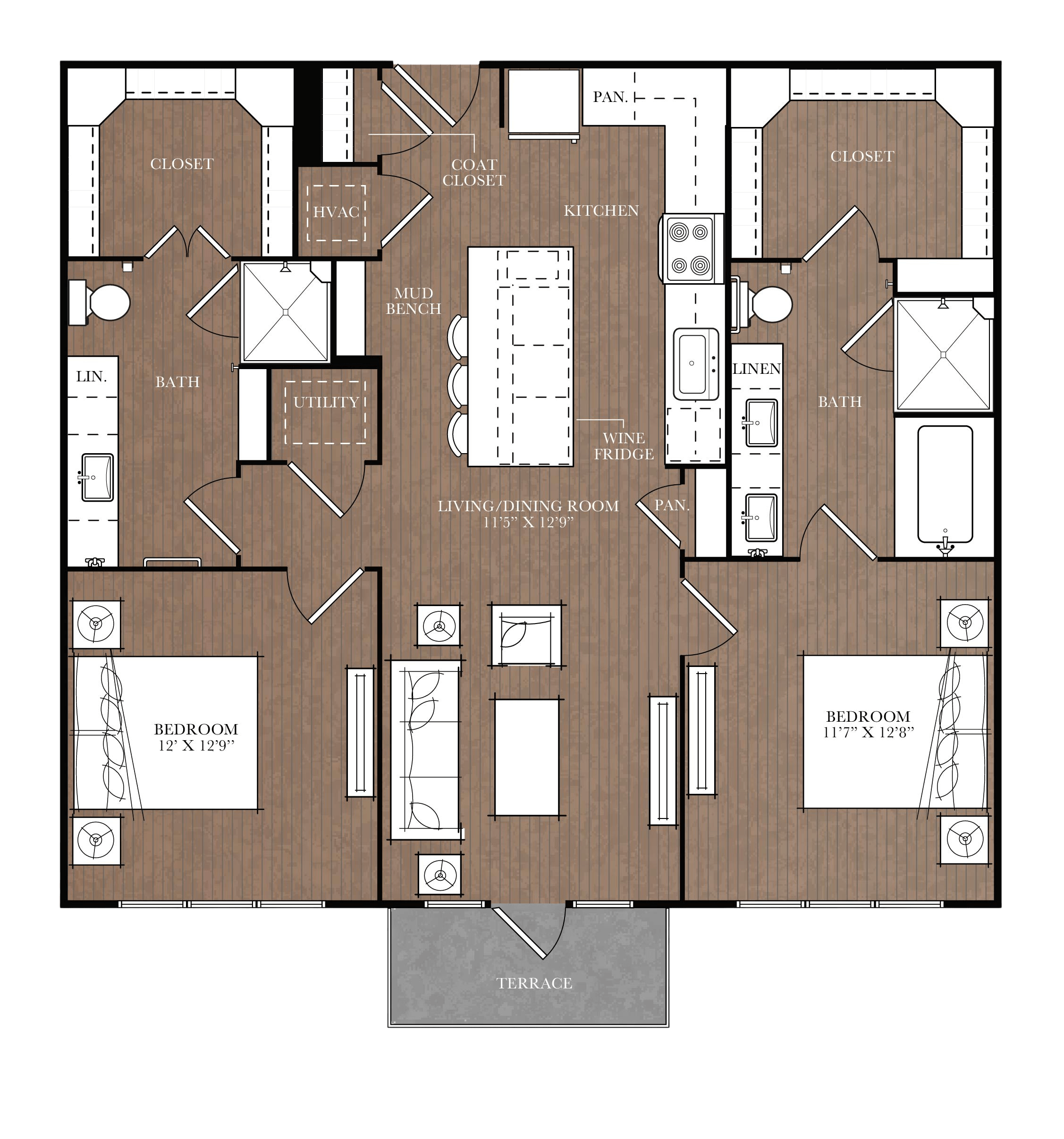A floor plan of a house with a living room, two bedrooms, a bathroom, a kitchen, and a terrace.