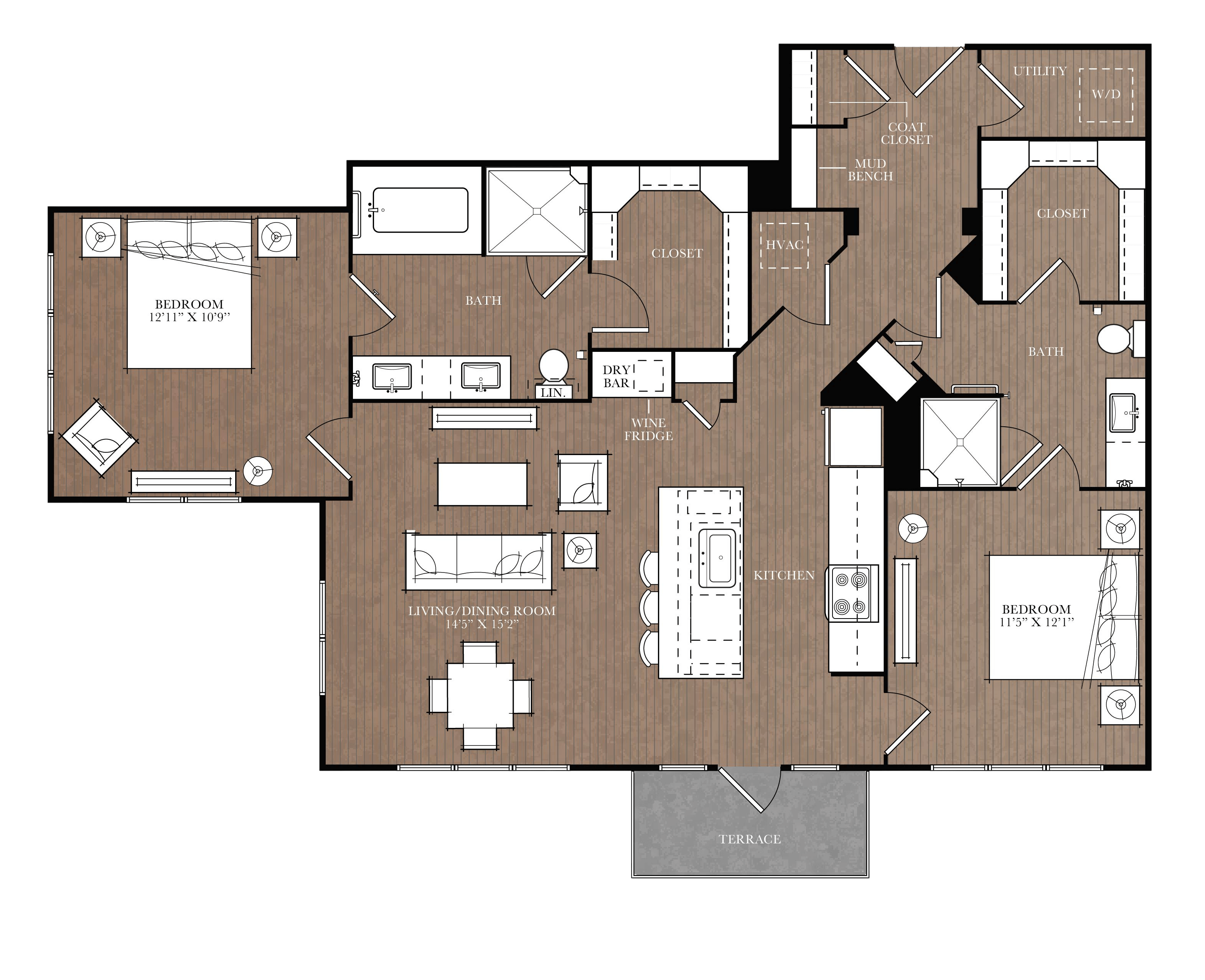 A detailed floor plan of a house with labeled rooms and furniture.