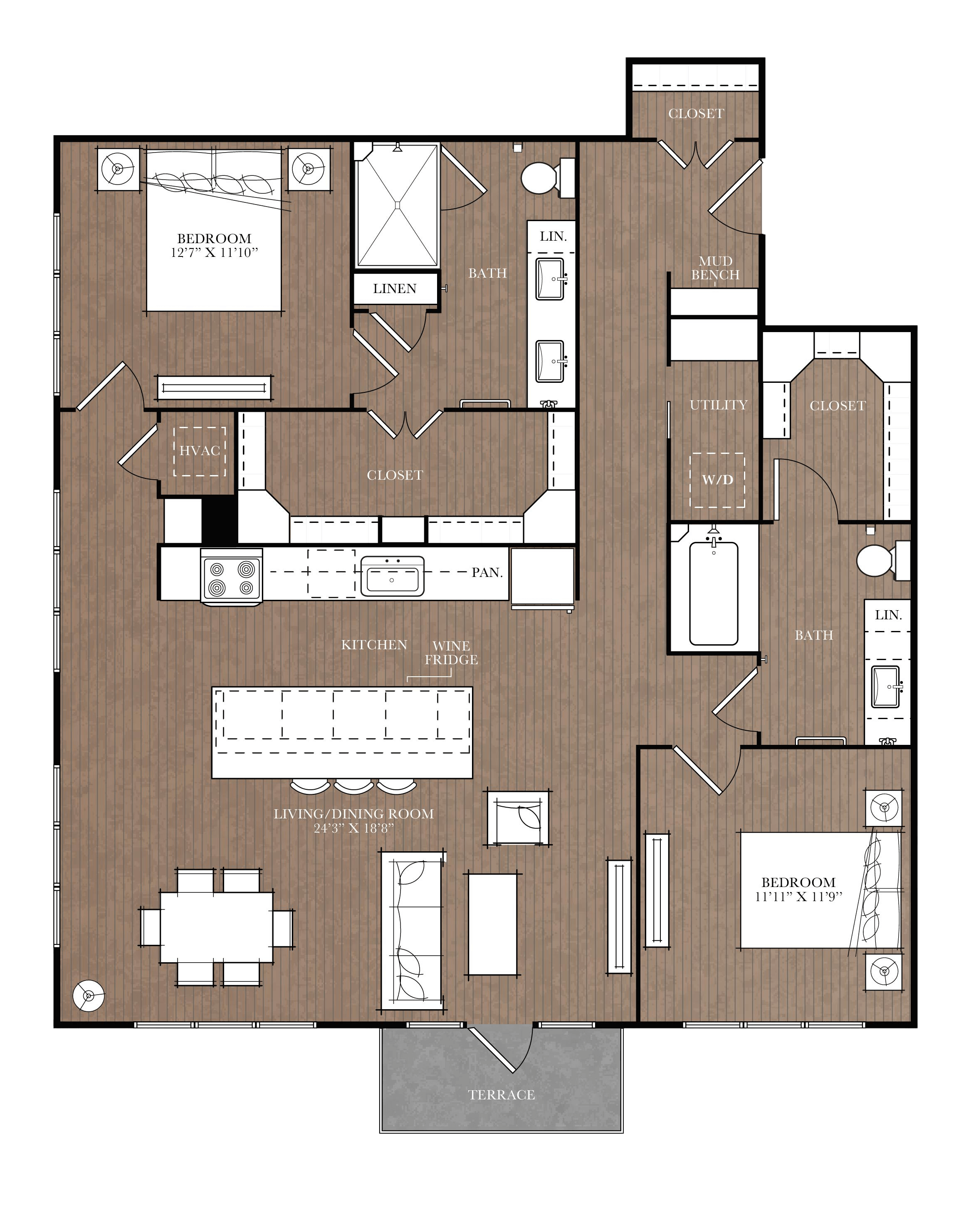 A floor plan of a house with a living room, kitchen, and bathrooms.