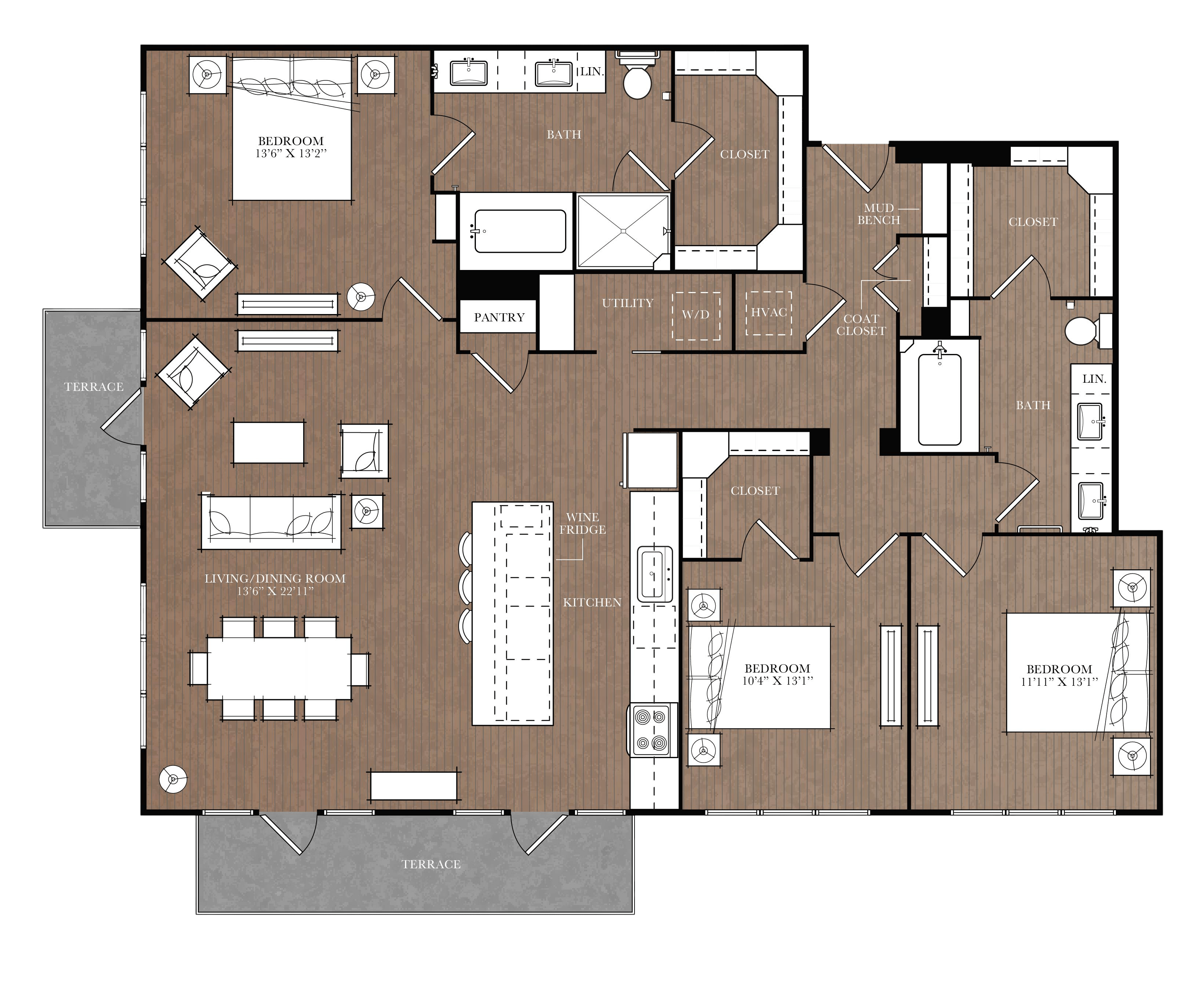 A detailed floor plan of a house with labeled rooms such as Bedroom 1, Bath, Kitchen, and Dining Room.