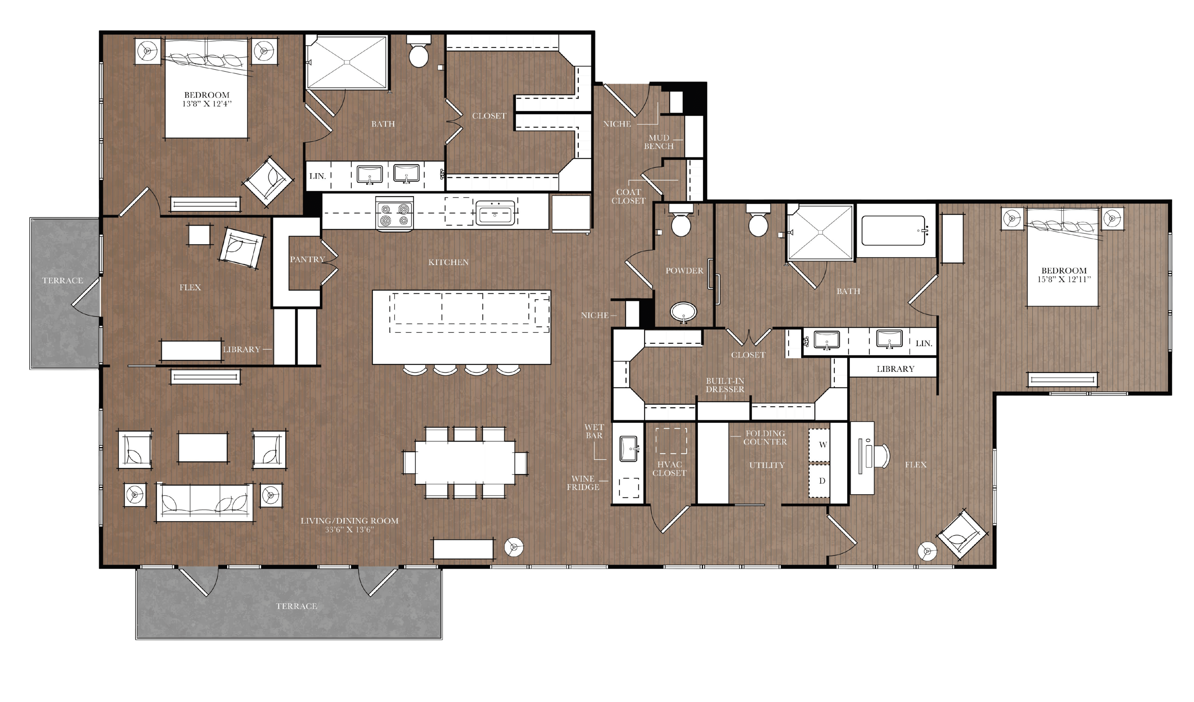 A detailed floor plan of a house with labeled rooms and furniture.
