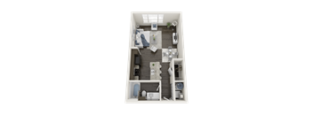 A 3D floor plan of a small apartment with a kitchen, living room, and bedroom.