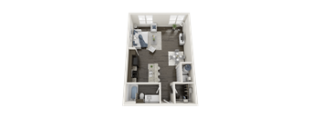 A 3D floor plan of a small apartment with a bedroom, living room, kitchen, and bathroom.