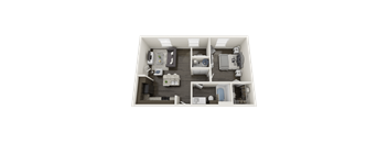 A 3D rendered image of a small apartment layout.