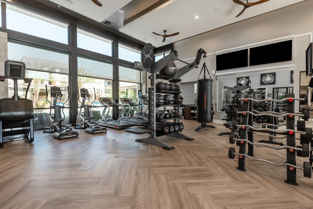 a gym with weights and cardio equipment and large windows