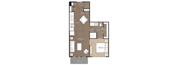 A floor plan of a house with a living room, bedroom, and kitchen.