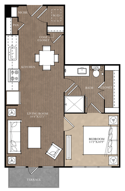 A floor plan of a house with a living room, bedroom, and kitchen.