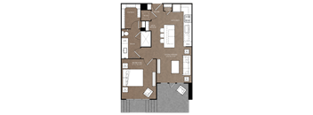 A floor plan of a house with a living room, kitchen, and bathroom.