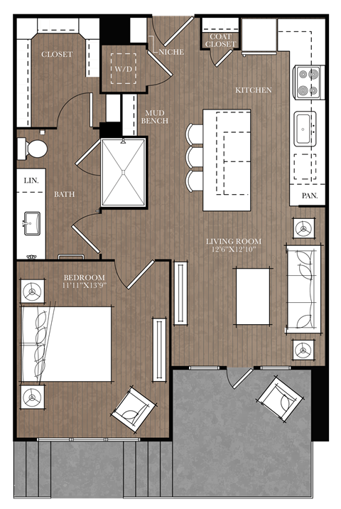 A floor plan of a house with a living room, kitchen, and bathroom.