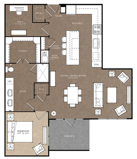A detailed floor plan of a house with a living room, dining room, kitchen, and bathroom.