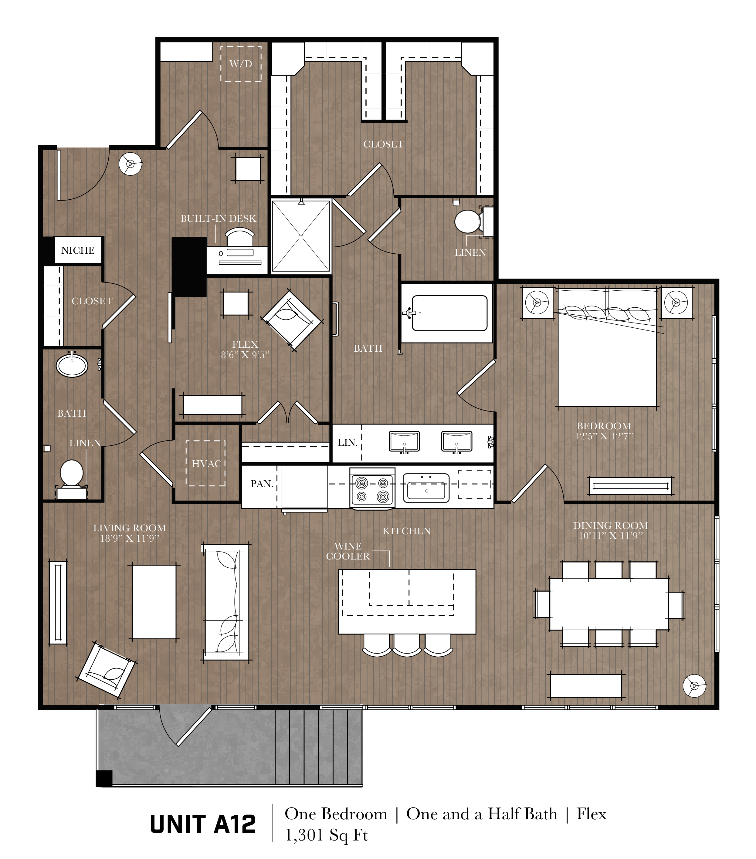 A floor plan of a one bedroom apartment with a half bath and a flexible space.