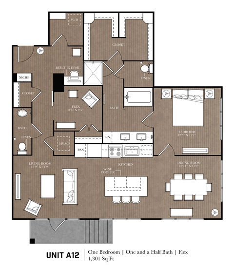A floor plan of a one bedroom apartment with a half bath and a flexible space.