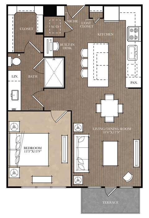 A floor plan of a house with a living room, dining room, kitchen, and bathroom.