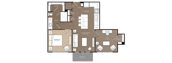 A floor plan of a house with a kitchen, living room, and two bedrooms.