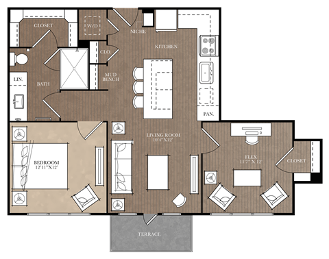 A floor plan of a house with a kitchen, living room, and two bedrooms.