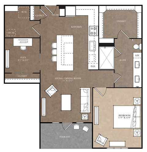 A floor plan of a house with a living room, kitchen, and bathroom.
