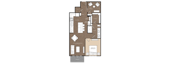 A floor plan of a house with a living room, dining room, kitchen, and two bedrooms.