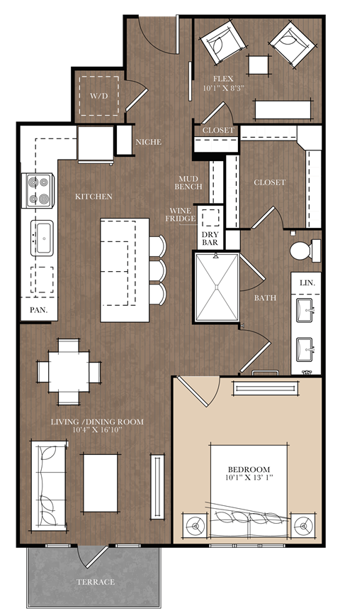 A floor plan of a house with a living room, dining room, kitchen, and two bedrooms.