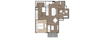 A floor plan of a house with a living room, two bedrooms, a kitchen, and a bathroom.