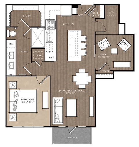 A floor plan of a house with a living room, two bedrooms, a kitchen, and a bathroom.
