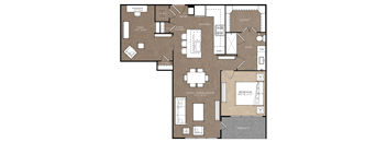 A floor plan of a house with a living room, dining room, kitchen, and two bedrooms.