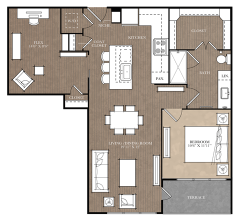 A floor plan of a house with a living room, dining room, kitchen, and two bedrooms.