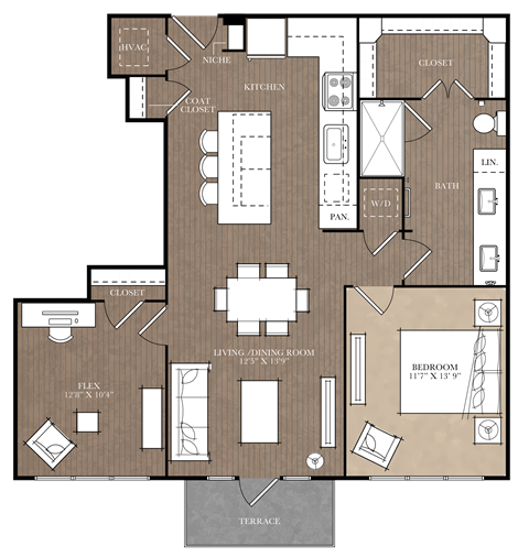 A detailed floor plan of a house layout with labeled rooms such as Kitchen, Bath, and Bedroom.
