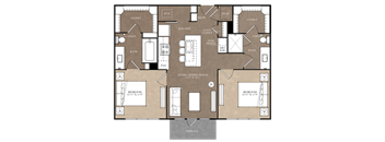 A floor plan of a house with two bedrooms, a living room, a kitchen, a bathroom, a laundry area, and a terrace.