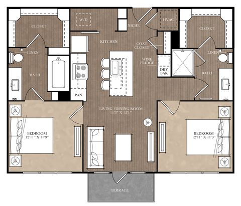 A floor plan of a house with two bedrooms, a living room, a kitchen, a bathroom, a laundry area, and a terrace.