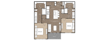 A floor plan of a house with two bedrooms, a living room, a kitchen, a bathroom, a wine fridge, a dry bar, a linen closet, a wine closet, a pantry, and a terrace