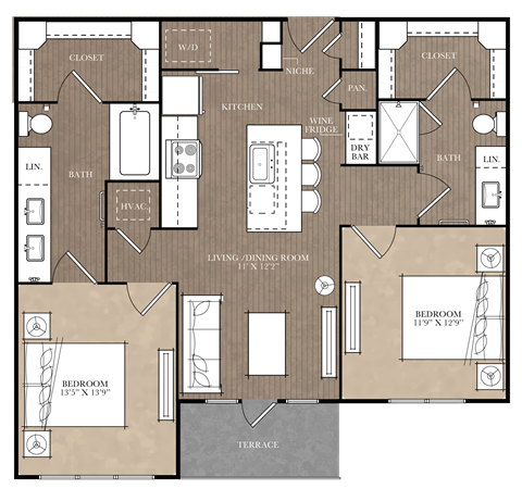 A floor plan of a house with two bedrooms, a living room, a kitchen, a bathroom, a wine fridge, a dry bar, a linen closet, a wine closet, a pantry, and a terrace