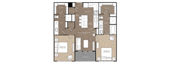 A detailed floor plan of a house with two bedrooms, a living area, kitchen, and bathrooms.