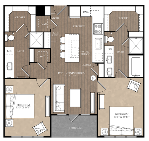 A detailed floor plan of a house with two bedrooms, a living area, kitchen, and bathrooms.