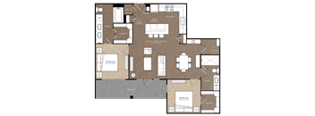 A floor plan of a house with a living room, two bedrooms, a bathroom, a kitchen, a wine fridge, and a dry bar.